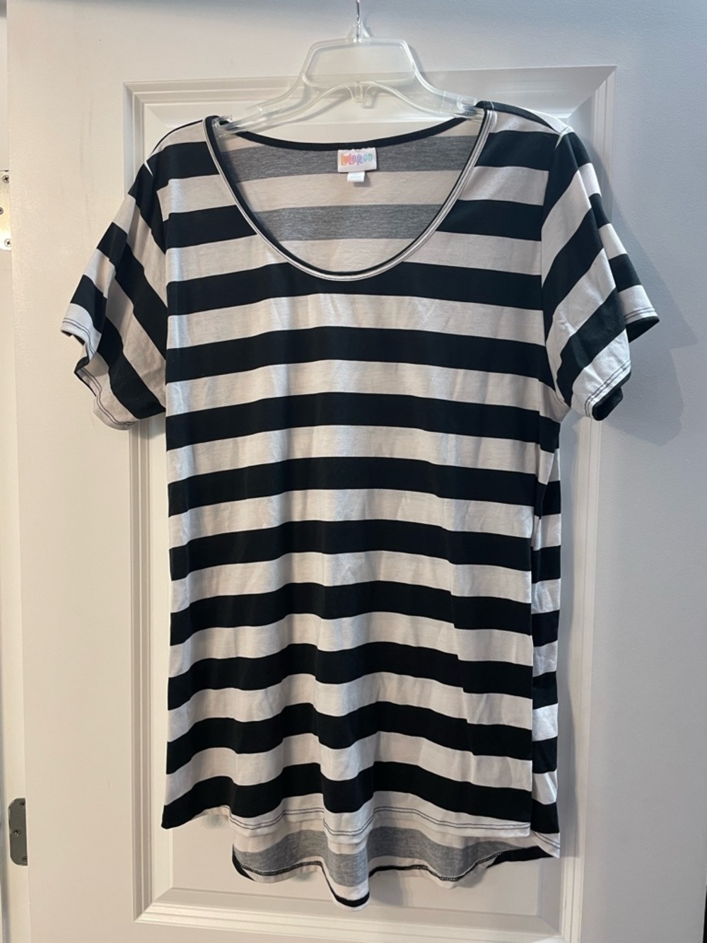LuLaRoe Black and White Striped Short Sleeve Tee